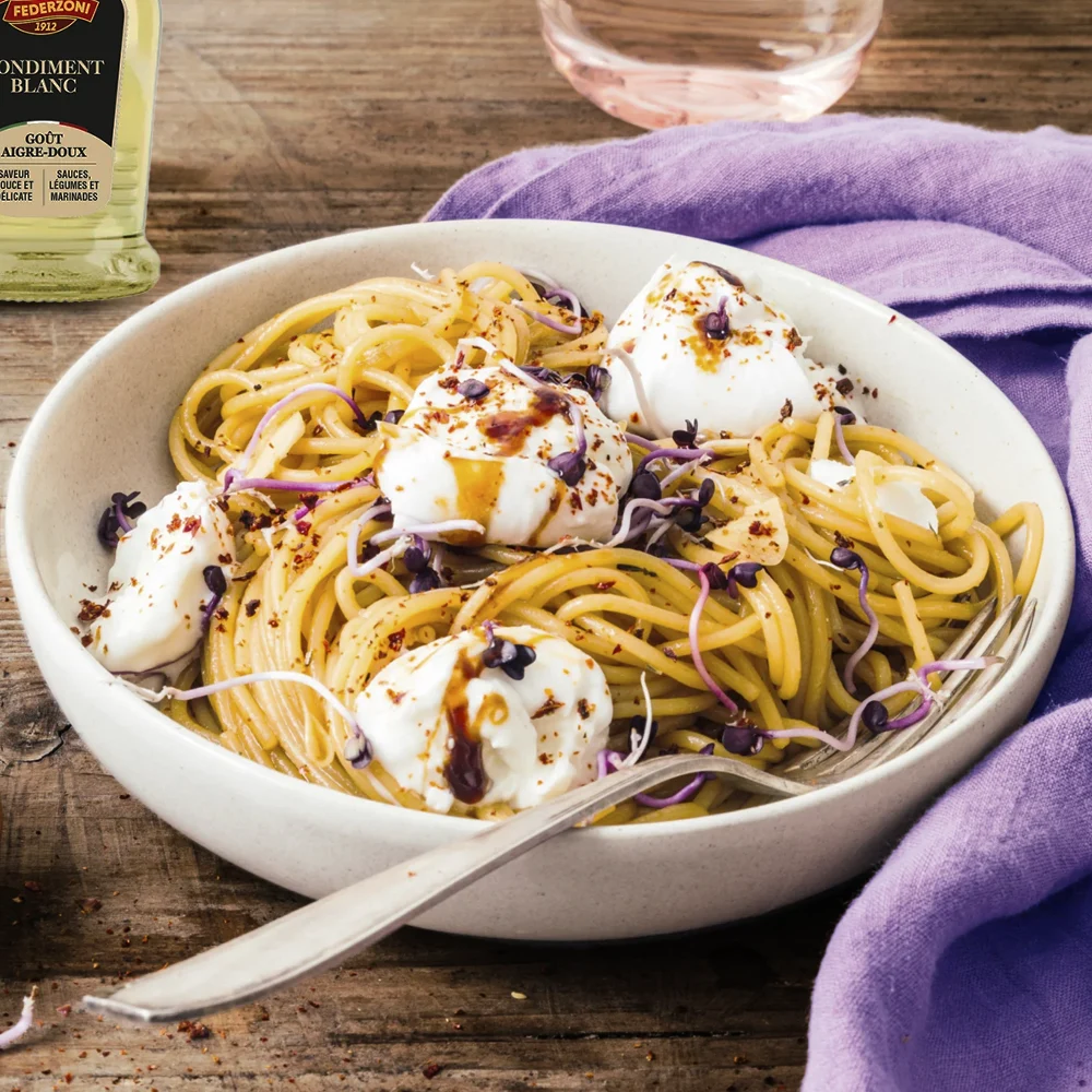 RECETTE_SPAGHETTI_CARAMELISES_VINAIGRE_BALSAMIQUE_BURRATA